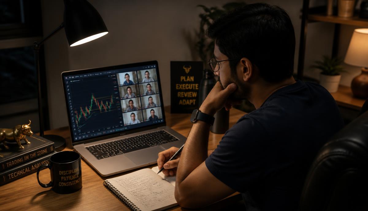 Student attending a live evening online trading session at home
