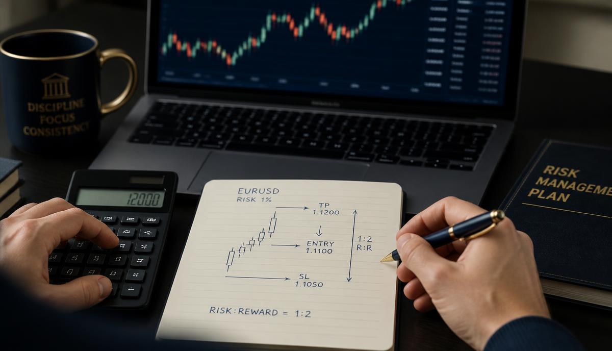 Trader planning a 1:2 risk-to-reward trade in a notebook beside a laptop chart